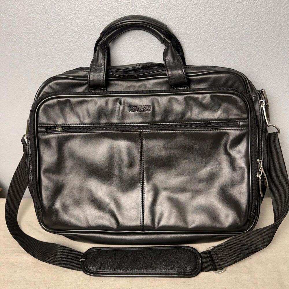 Kenneth Cole Reaction Laptop Bag Double Gusset Top Zip Black Shoulder Strap‎